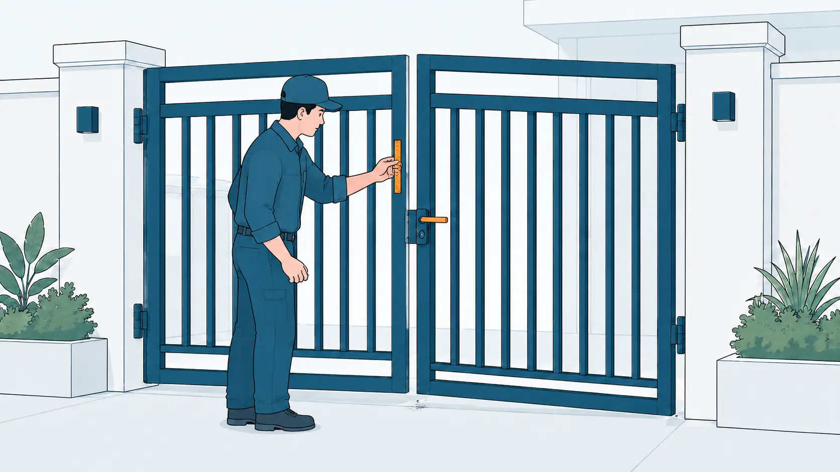 Thợ kiểm tra khe cửa và mức độ cửa sắt bị xệ